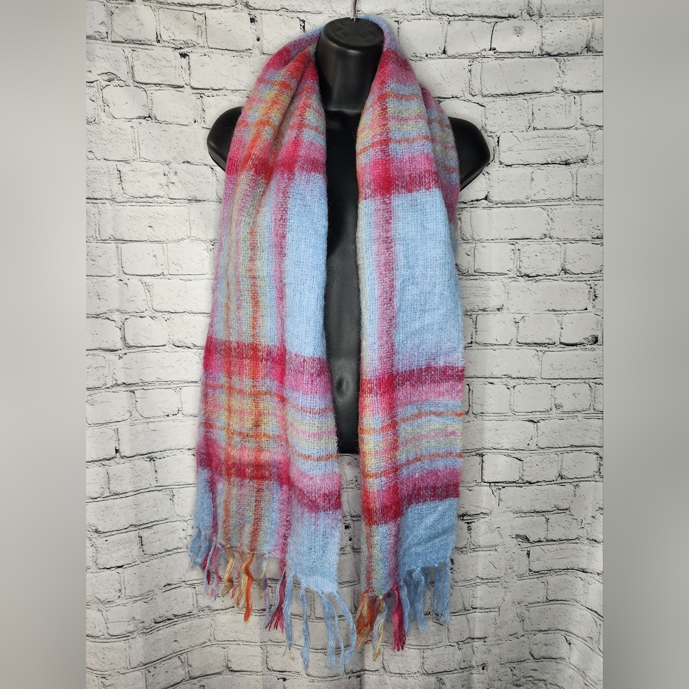 John Hanly Ireland Mohair‎ Wool Plaid Fringe Scarf